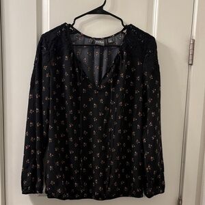 New York & Company Black Blouse with Pink Floral Pattern